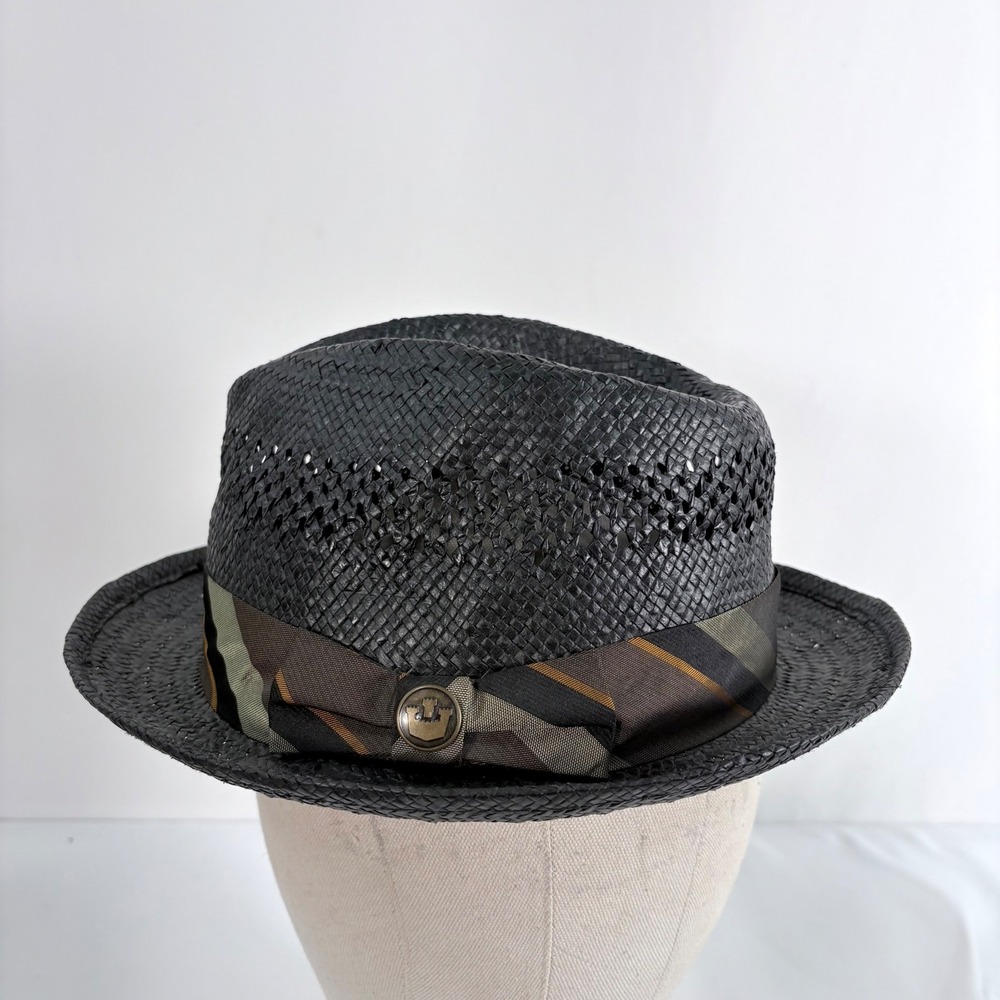 Goorin Bros Fedora Hat Black Woven Straw Striped Band Logo Pin Mens Medium